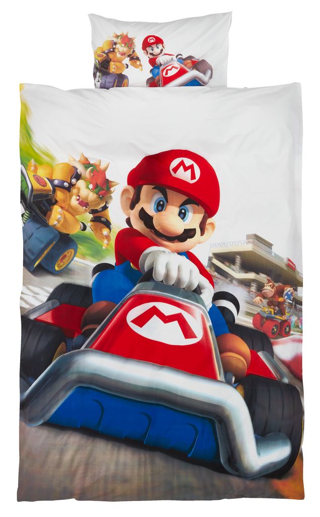 Parure De Lit Super Mario 140x200 Cm + Taie 65x65 Cm - Housse De Couette Bleue Avec Personnages - 100% Polyester