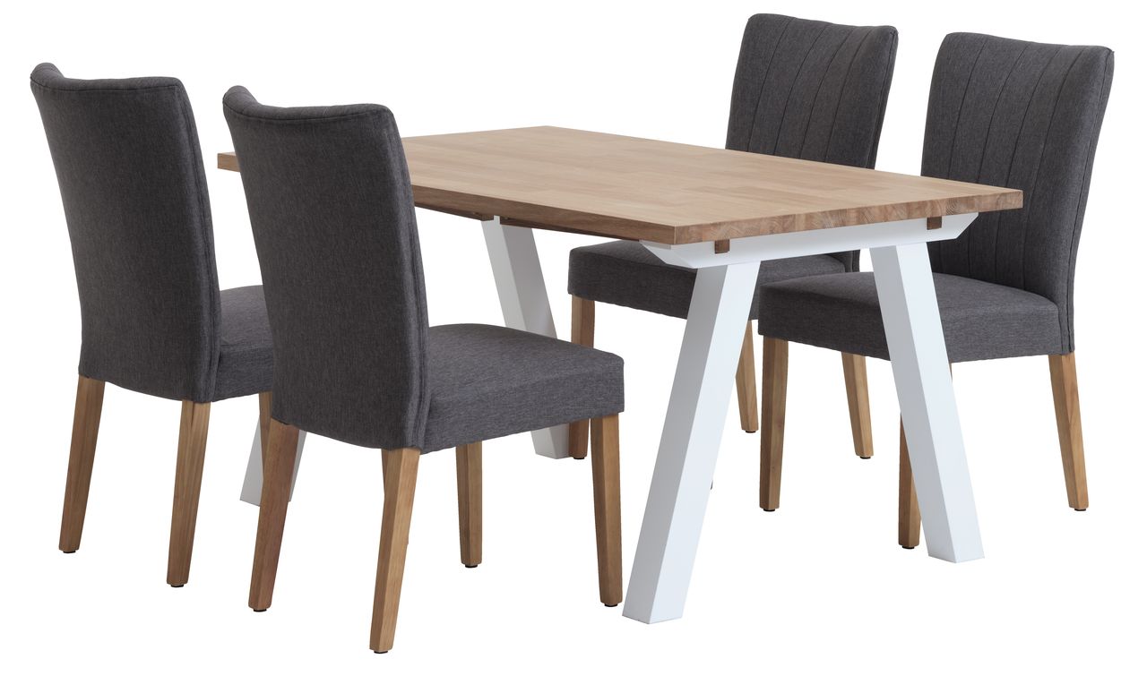 SKAGEN L150 table white/oak + 4 NORDRUP chairs grey JYSK