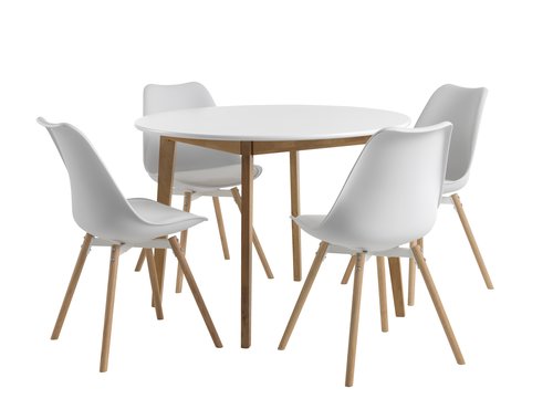 JEGIND Ø105 masa beyaz + 4 KASTRUP sandalye beyaz