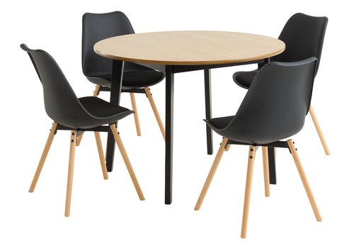 Stůl JEGIND Ø105 dub + 4 židle KASTRUP černá
