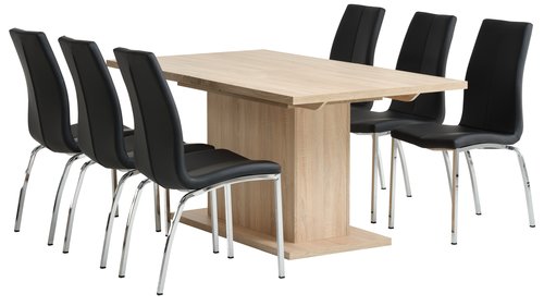 BIRKELSE L160/200 bord eik + 4 HAVNDAL stol svart