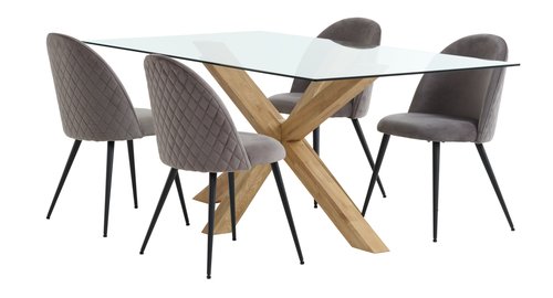 AGERBY L160 table chêne + 4 KOKKEDAL chaises velours gris