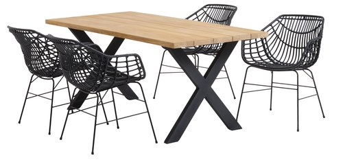 ELLEKILDE L180 tafel teak + 4 ILDERHUSE stoelen zwart
