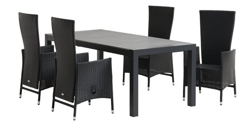 HOBURGEN L205/275 tafel grijs + 4 SKIVE stoelen zwart