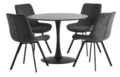 RINGSTED Ø100 tafel zwart+ 4 HYGUM stoelen grijs