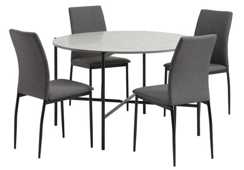 TERSLEV Ø120 bord + 4 TRUSTRUP stol grå
