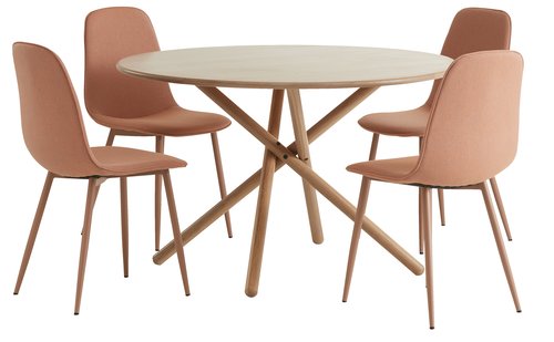 SKIBET Ø120 маса светъл дъб + 4 BISTRUP стола цвят праскова