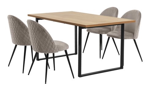 AABENRAA L160 tafel eiken + 4 KOKKEDAL stoelen fluweel grijs