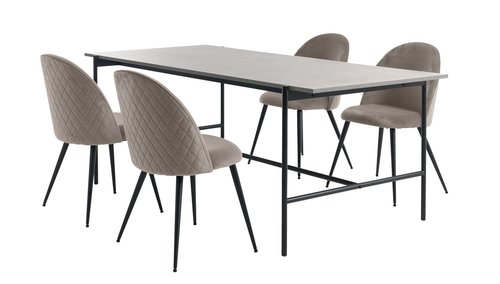 TERSLEV L200 tafel + 4 KOKKEDAL stoelen fluweel grijs