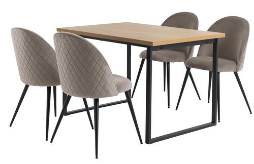AABENRAA L120 tafel eiken + 4 KOKKEDAL stoelen fluweel grijs