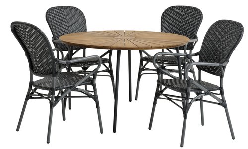 BASTRUP Ø120 pöytä kovapuu/musta + 4 SAKSBORG tuoli