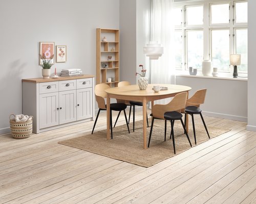 Mesa MARSTRAND Ø110 roble + 4 sillas HVIDOVRE roble/negro | JYSK
