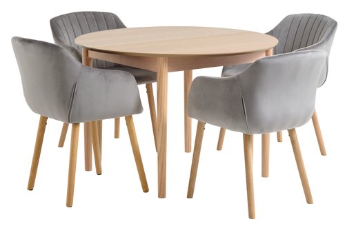 MARSTRAND Ø110 Tisch Eiche + 4 ADSLEV Stühle grauer Samt