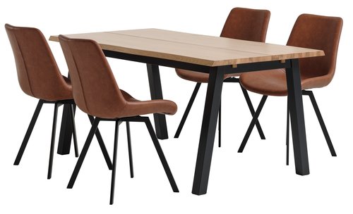SKOVLUNDE D160 stôl prírodný dub + 4 HYGUM stoličky koňaková