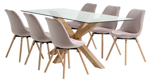 AGERBY L190 stol hrast + 4 KASTRUP stolice roza baršun