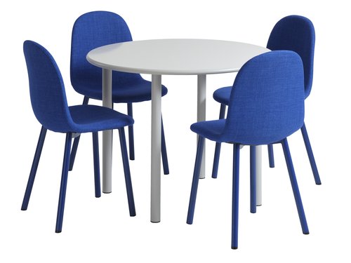 HANSTED Ø100 tafel warmgrijs + 4 EJSTRUP stoelen blauw