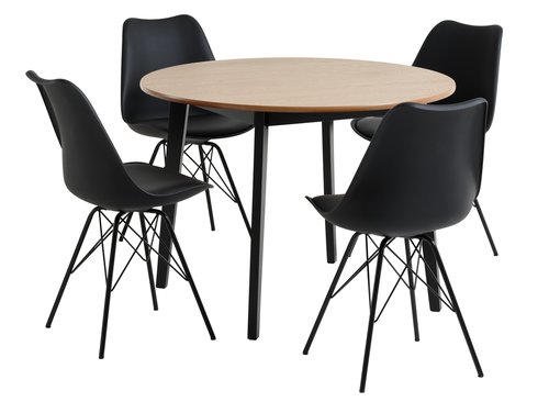 JEGIND Ø105 tafel eiken/zwart + 4 KLARUP stoelen zwart