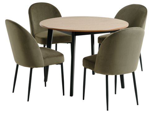 JEGIND Ø105 bord eik/svart + 4 VASBY stol fløyel olivengrønn