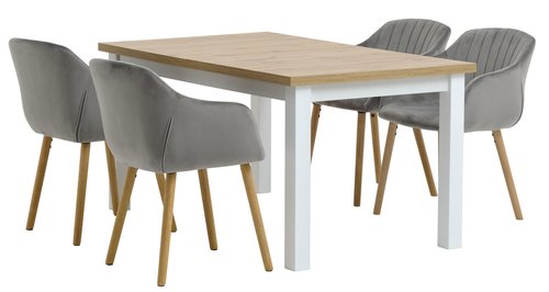 MARKSKEL D150/193 stol bijela/hrast + 4 ADSLEV stolice barš.