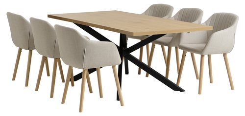 NORTOFT L200 Tisch eiche + 4 ADSLEV Stühle beige Stoff