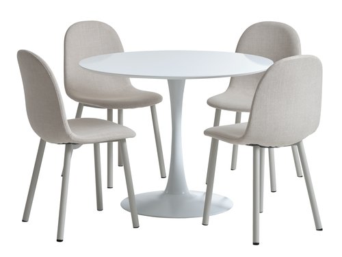 RINGSTED Ø100 masa beyaz + 4 EJSTRUP sandalye bej