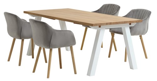 SKAGEN L200 tafel wit/eiken + 4 ADSLEV stoelen fluweel grijs