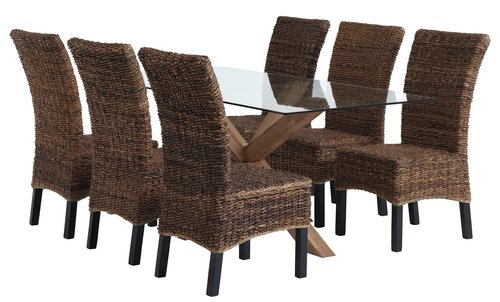 AGERBY H190 asztal üveg/tölgy + 4 TORRIG szék natúr/barna