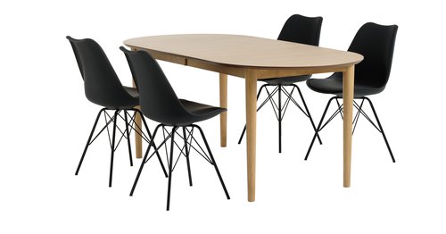 EGENS L190/270 table chêne + 4 KLARUP chaises noir