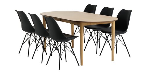 EGENS L190/270 Tisch Eiche + 4 KLARUP Stühle schwarz