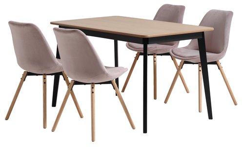 JEGIND H130 asztal tölgy/fekete + 4 KASTRUP szék rózsaszín