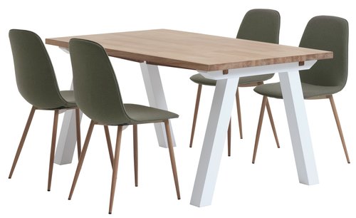 SKAGEN H150 asztal fehér/tölgy + 4 BISTRUP szék olívazöld
