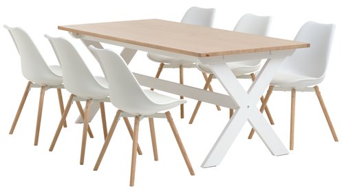 VISLINGE H190 asztal natúr + 4 KASTRUP szék fehér