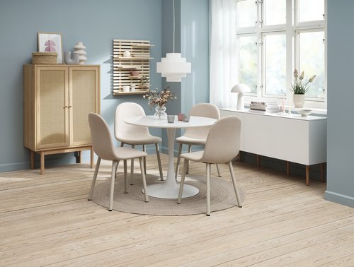 RINGSTED Ø100 Tisch weiß + 4 EJSTRUP Stühle beige JYSK