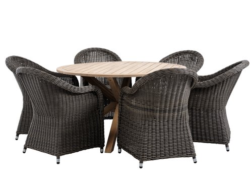 HESTRA Ø126 stůl tvrdé dřevo + 4 GAMMELBY židle šedá