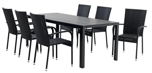 MADERUP L205 tafel zwart + 4 GUDHJEM stoelen zwart