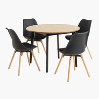 Stůl JEGIND Ø105 dub + 4 židle KASTRUP černá