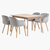 KALBY L130/220 table oak + 4 ADSLEV chairs grey velvet