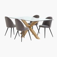 AGERBY L160 roble + 4 sillas KOKKEDAL terciopelo gris