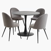 Table RINGSTED Ø100 noir + 4 chaises KOKKEDAL velours gris