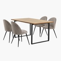 AABENRAA L160 tafel eiken + 4 KOKKEDAL stoelen fluweel grijs