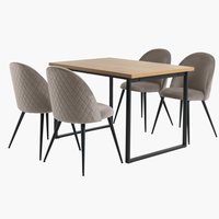 Table AABENRAA L120 chêne + 4 chaises KOKKEDAL velours gris