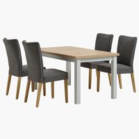 Table MARKSKEL L150/193 gris clair + 4 chaises NORDRUP gris