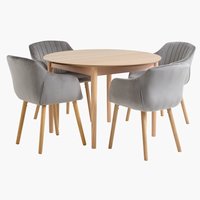 MARSTRAND Ø110 τραπέζι δρυς + 4 ADSLEV καρέκλες γκρι βελούδο