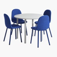 HANSTED Ø100 tafel warmgrijs + 4 EJSTRUP stoelen blauw