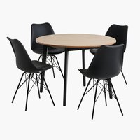 JEGIND Ø105 bord ek/svart + 4 KLARUP stol svart