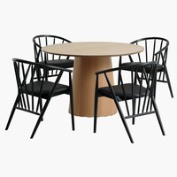 KLIPLEV Ø120 tafel eiken + 4 ARNBORG stoelen zwart