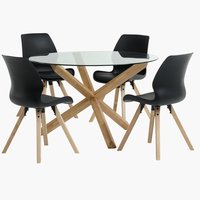 Table AGERBY Ø119 chêne + 4 chaises BOGENSE noir