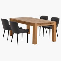 OLLERUP L200 table chêne + 4 PEBRINGE chaises gris/noir