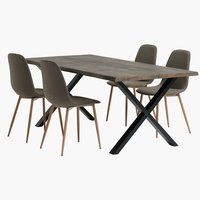 Table ROSKILDE L200 chêne foncé + 4 chaises BISTRUP olive