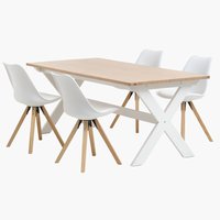 Table VISLINGE L190 naturel + 4 chaises BLOKHUS blanc